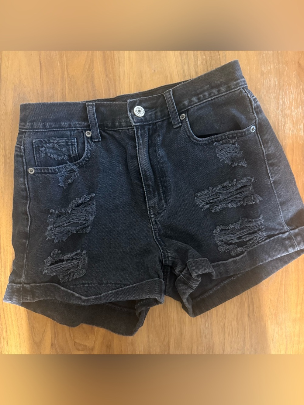 American Eagle Outfitters Black High-Rise Distressed Denim Shorts